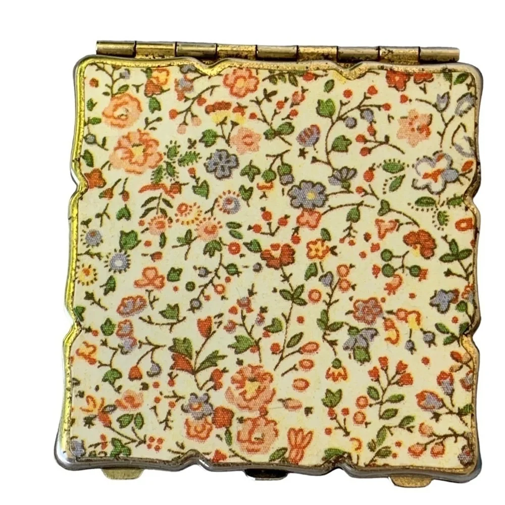 Vintage Floral Compact Mirror Made in Japan Flowers Gold Tone Enamel Square